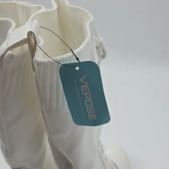 Women's White Knee-High Lace-Up Boots PU and Knit Material New - Picture 15 of 16